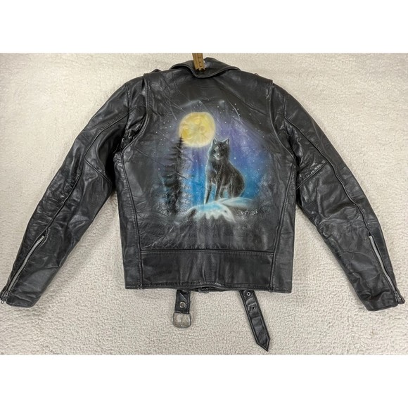 Vintage Leather Shop Rat's Hole Wolf Motorcycle Biker Jacket Men's Sz 38 Black